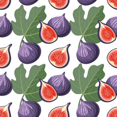 Seamless pattern with figs. Seamless composition of ripe figs and juicy green leaves on a white background.