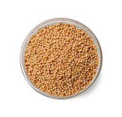 Dry mustard seeds in glass bowl isolated on white, top view