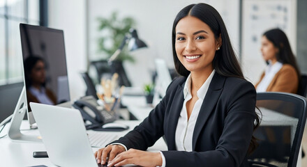 Portrait young it specialist latin hispanic business lady working on laptop pc sitting at desk in modern office smiling at camera. Middle eastern indian woman using computer technology for work online