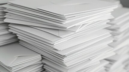 A stack of neatly arranged white envelopes, showcasing their clean lines and organized appearance, perfect for correspondence or mailing purposes.