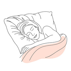 Woman sleeping peacefully on a pillow, covered with a blanket. Line illustration.