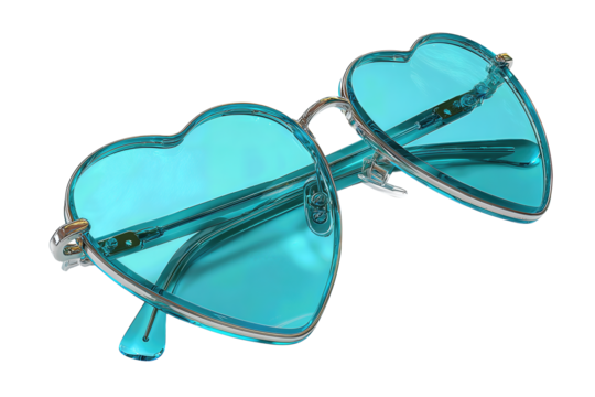 A pair of teal heart-shaped sunglasses with translucent lenses and silver wire bridge, temples half-open, isolated on transparent background.

