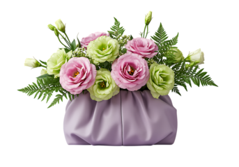 Beautiful bouquet of pink and green roses in a purple satin bag on transparent background