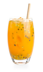 Tasty passion fruit drink in glass isolated on white