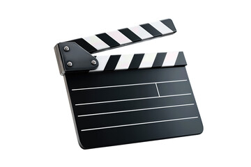 Fototapeta premium Classic movie clapperboard in black with white striped top, chrome hardware, and subtle wear marks, isolated on transparent background. 