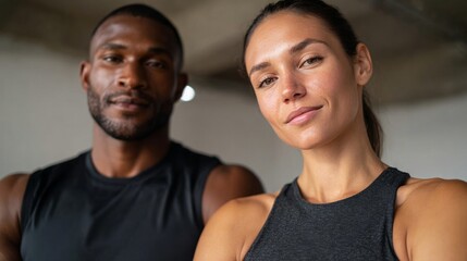 Fototapeta premium Athletic couple, both fit and smiling, posing for a studio portrait with a motivational backdrop.