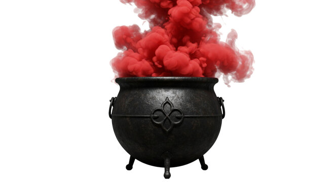 Black cauldron with thick red smoke rising png isolated on transparent background