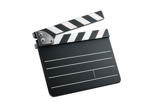 Classic movie clapperboard in black with white striped top, chrome hardware, and subtle wear marks, isolated on transparent background.
