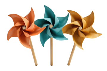 Set of playful pinwheels in vibrant coral, teal, and mustard tones, wooden stems crossed, blades arranged variably, isolated on transparent background.
