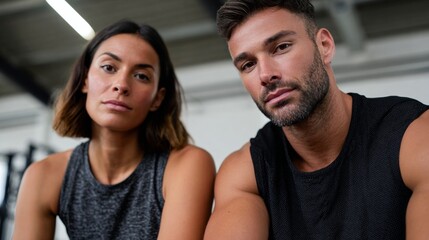 Fototapeta premium A man and a woman in a gym setting posing for a picture.