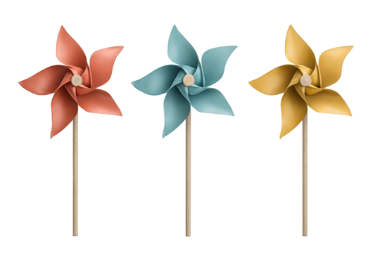 Three colorful paper pinwheels in coral, teal, and mustard with wooden sticks crossing at the base, blades turned differently, isolated on transparent background.
