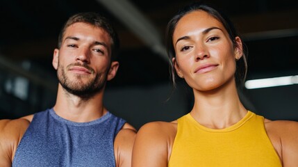 Fototapeta premium Man and woman standing together, both wearing workout attire.