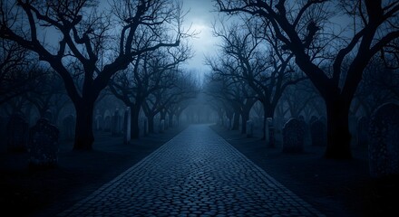 Haunting Vista: Cobbled Lane Winds Through a Forgotten Orchard at Eventide