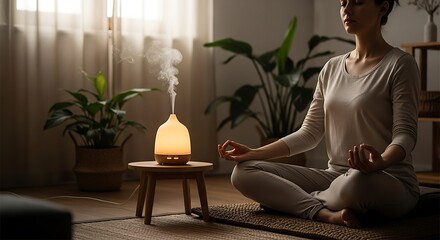 Woman Meditating with Aroma Diffuser in a Serene Indoor Setting.