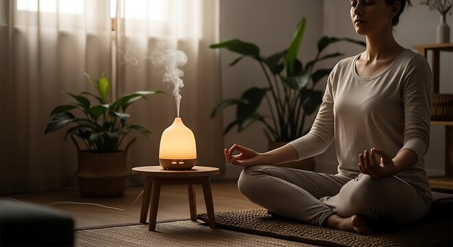 Woman Meditating with Aroma Diffuser in a Serene Indoor Setting.