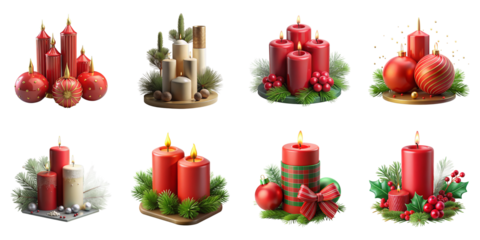 Red candles and ornaments isolated on a transparent background christmas festive