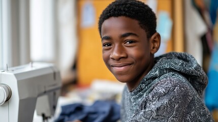A young boy smiles at the camera in a sewing workshop or classroom.