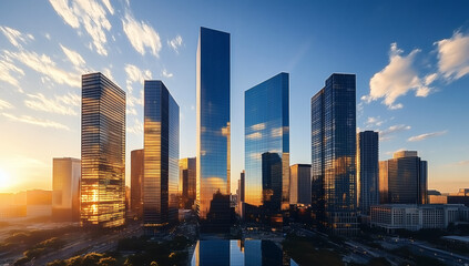Fototapeta premium Sunset over sleek high rises, mirrored facades glow with warm light, cinematic city backdrop.