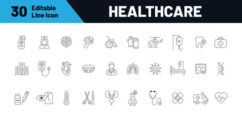 Healthcare line icon set. Health and medical such as medicine, hospital, care, doctor, heart, DNA, ambulance. Editable stroke line icon. Vector illustration.