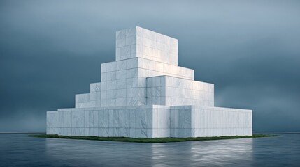 Stark marble ziggurat reflects icy solitude, Nordic minimalism, and introspective monolith, resonating during Yule and World Architecture Day