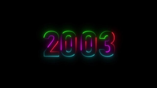 Glowing Neon number 2003 happy new year animation black background. 