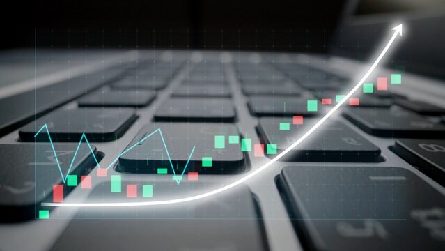 A close-up image featuring a laptop keyboard with a rising stock market graph. This visual represents financial trends and strategies in a modern digital trading world. Copula - Powered by Adobe