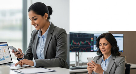 Smiling Latin Hispanic mature female businesswoman holding smartphone in office trading app, working online. Young Indian business woman manager ceo using cell phone mobile application. Vertical