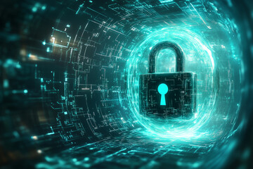 Cyber padlock symbolizing post-quantum cryptography, data protection, encryption technology, cybersecurity, secure data, quantum encryption, digital security