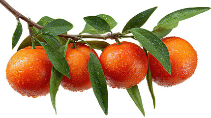 Obraz premium A branch of five mandarin oranges with glossy peels, dewdrops, and dark green leaves, arcing naturally with stems, isolated on transparent background. 