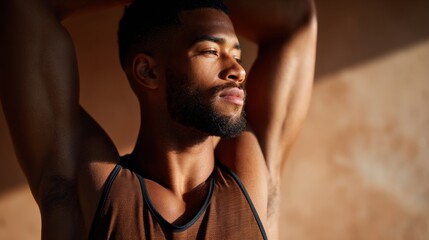 Fototapeta premium A shirtless man posing confidently outdoors in natural light, with sunlight hitting his face and shoulders.