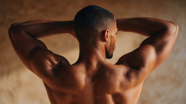 The image captures a muscular man with his back facing the camera, possibly posing for a portrait or fitness-related photo. - Powered by Adobe