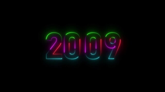 Glowing Neon number 2009 happy new year animation black background. 