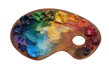 An artist’s wooden palette with rainbow acrylic paints and thumb hole, showing thick texture and knife marks, isolated on transparent background.