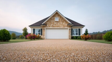 Elegant suburban home with stone facade, exuding autumn serenity and hearth-like warmth, perfect for National Neighbor Day celebrations