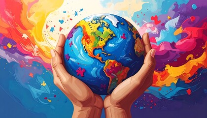 A world held in hands, vibrant colors and puzzle pieces