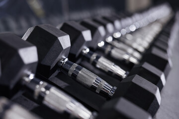 Different dumbbells in gym, closeup. Sport equipment
