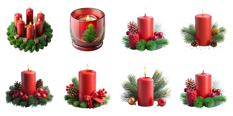 Red candles with evergreen and festive decorations isolated on a transparent background pine berry