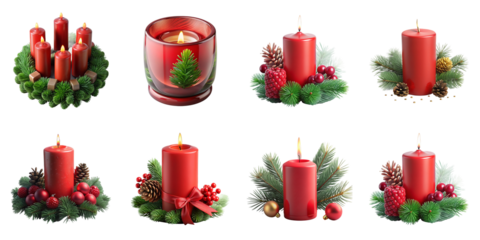 Red candles with evergreen and festive decorations isolated on a transparent background pine berry