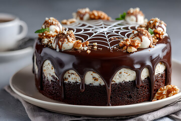 Halloween chocolate ganache cake decorated with white chocolate spider web pattern on top.