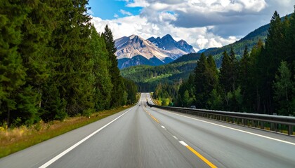 Point-of-view driving a car on a highway through a forest with mountains in the distance