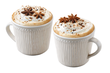 Two white porcelain latte mugs with creamy foam, nutmeg sprinkles, and star anise garnish, one taller than the other, isolated on transparent background.
