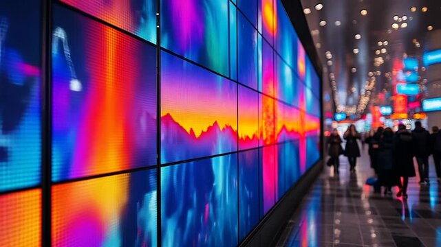 A vibrant video wall displays colorful abstract art in a busy public space.