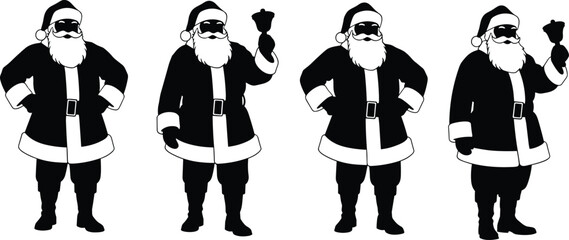 Set of four cool Santa Claus vector illustrations wearing sunglasses, holding bells, festive Christmas design, holiday character art for decoration