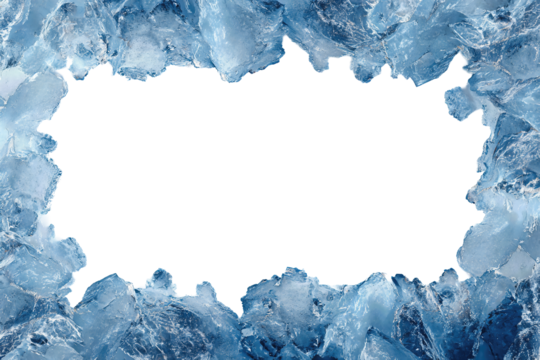 A rectangular ice frame in pale blue with crystalline frosted texture and jagged uneven edges, isolated on transparent background.
