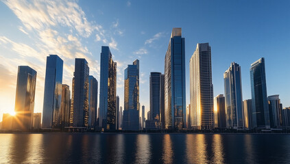 Fototapeta premium Golden hour city skyline with glass skyscrapers, warm sun reflections, sleek modern towers.