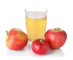 Tasty cider in glass and fresh apples isolated on white