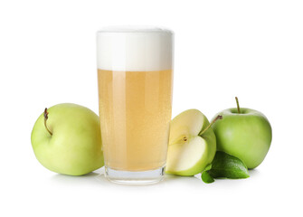 Tasty cider in glass, fresh apples and green leaves isolated on white