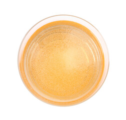 Tasty cider in glass isolated on white, top view