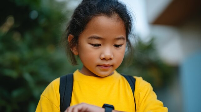 A young girl looking at a device while standing outside. - Powered by Adobe