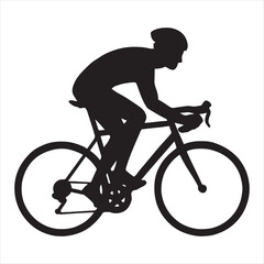 Silhouette of a cyclist in motion on a road bike against a white background